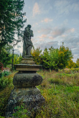 Obraz premium Ancient stone statue standing in a wild garden with green trees and tall grass under a soft sunset sky in the quiet rural countryside during autumn.