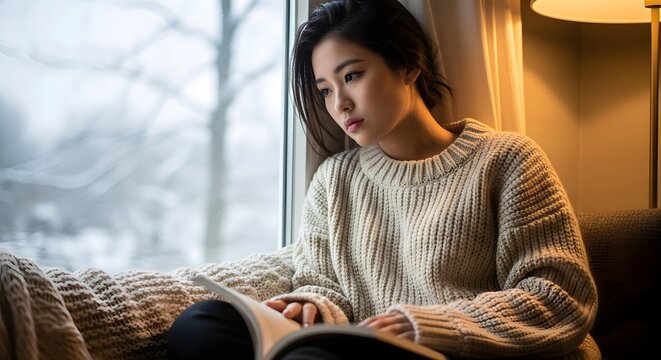 Young woman deeply engrossed in a book by a window on a snowy day, finding solace and quiet contemplation indoors.