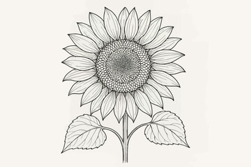 Fototapeta premium Detailed black and white sunflower line art with leaves on white background