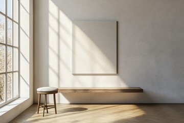 Fototapeta premium Bright room with large window bench stool and blank canvas on wall.