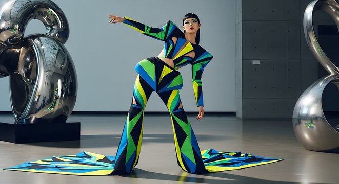 Avant-garde fashion model strikes dynamic pose amidst striking modern sculptures, showcasing bold geometric patterns and avant-garde design.