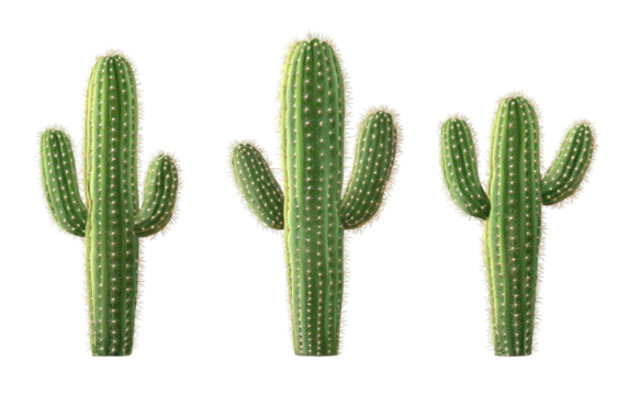 Three green cacti aligned, standing upright against a black background