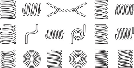 Minimalist spring and coil icon set – 15 black-and-white silhouettes of compression, tension, spiral, and wave wire forms for mechanical engineering, physics, and industrial design.