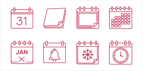 Collection of calendar line icons including date, schedule, event, appointment, reminder, deadline, and more