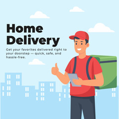 Doorstep Delivery Concept for Online Store and Ecommerce Business. Simple and effective doorstep delivery design showing parcel handover and satisfied customer interaction ideal for commercial use.
