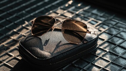 Close-up of aviator sunglasses in a black leather case, resting on a patterned surface