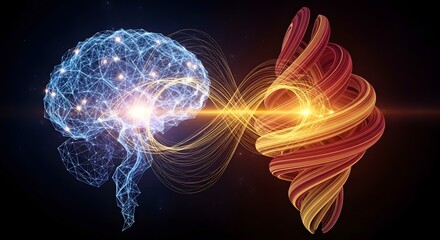 Abstract brain connected to swirling shape with glowing lines in a dark background space art