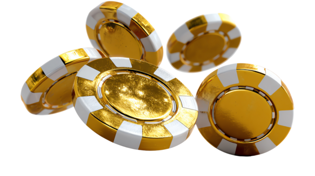 Casino Chips: A collection of casino chips, meticulously designed with a golden gleam, artfully scattered in a dynamic display, embodying the allure of gaming and chance. - Powered by Adobe