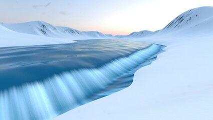 Arctic landscape with icy water and snow covered mountains.