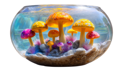 Whimsical Mushroom Garden: A vibrant and imaginative scene of colorful mushrooms thriving in a clear glass bowl, showcasing a miniature, enchanting world.