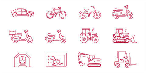 Vehicle line icons set collection of different types of transport car, bicycle, scooter, tractor, forklift and more
