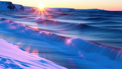 Arctic Sunrise Over Snowy Landscape.