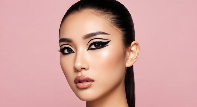 Stunning woman showcases dramatic cat-eye makeup with bold liner and glossy lips, exuding modern elegance and beauty.