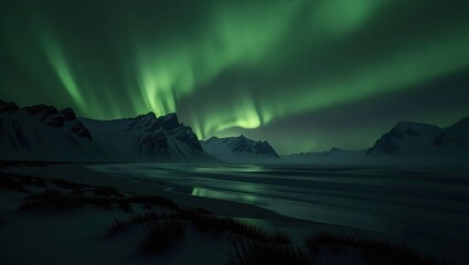 Aurora Borealis over Icelandic Mountains - A Nighttime Spectacle of Green Light.