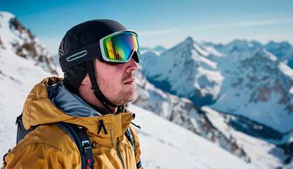 A man in mountain glasses enjoying the view on a snowy mountain background