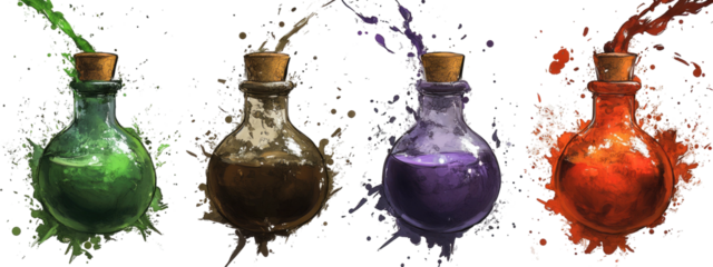 Four vials filled with colorful liquids and corks, surrounded by splatters