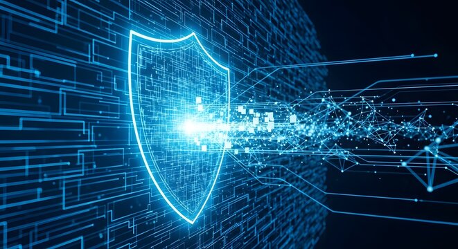 Glowing blue shield with network connections and data streams representing digital security concept - Powered by Adobe