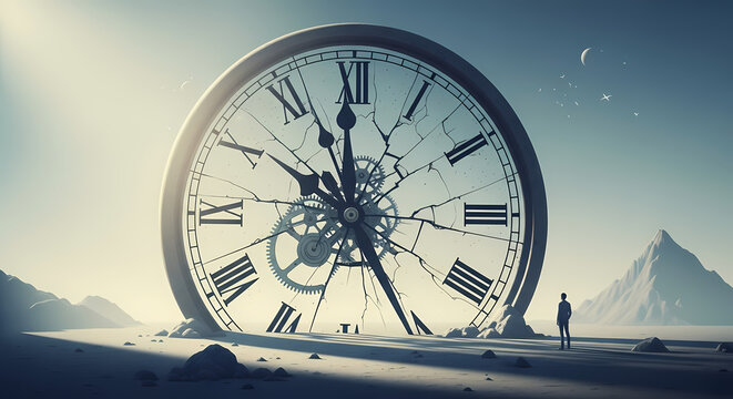 Man contemplates a giant broken clock in a desolate landscape, symbolizing the passage of time and existential themes.