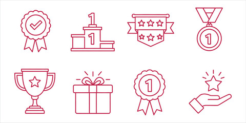 Set of linear icons for success and awards, including badge, podium, ribbon, medal, cup, gift, rosette and star in hand