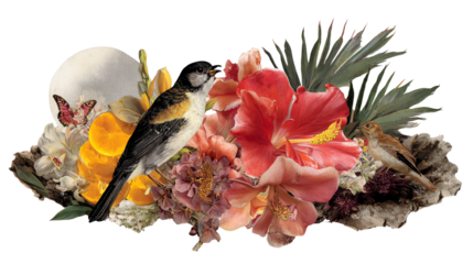 Botanical Arrangement: A striking arrangement of vibrant flowers, delicate butterflies, a majestic bird, and a subtle human skull, offering a compelling juxtaposition of life and mortality