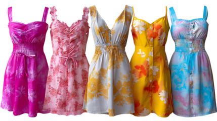 Summer Dress Collection: A vibrant collection of colorful summer dresses, showcasing a variety of styles and floral prints for fashion inspiration.