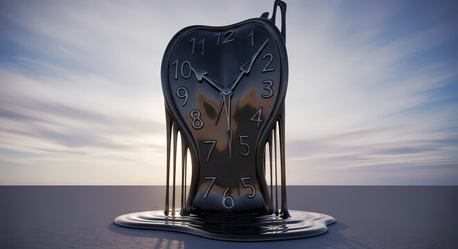 Surreal melting clock symbolizes the fluidity of time, deadlines, and the abstract nature of moments passing by.
