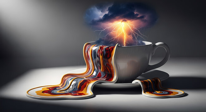 Surreal coffee cup overflows with vibrant liquid art amidst a dramatic lightning storm, evoking powerful creative energy and transformation.