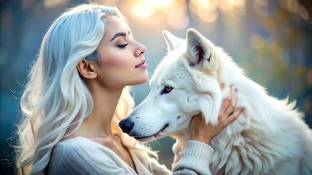 Beautiful Woman With White Wolf In Enchanting Forest.