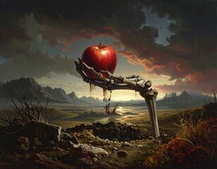 Vivid red apple held by a skeletal hand in a dramatic landscape at sunset Generative AI