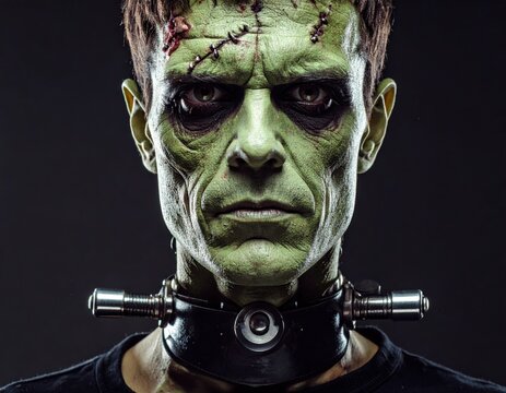 Frankenstein-inspired character with an eerie expression and striking makeup Generative AI
