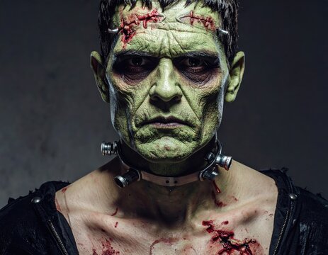 Frankenstein character portrayal in a dark, moody setting with dramatic lighting Generative AI