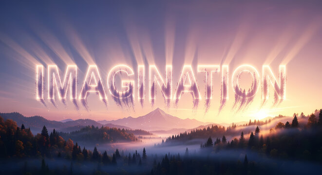 Stunning word IMAGINATION glows majestically over misty mountain landscape at sunrise, inspiring creativity and wonder