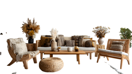 Artistic boho-style living room with woven wall hangings, rattan furniture, and handmade Christmas decorations crafted from wood and fabric, isolated on white background