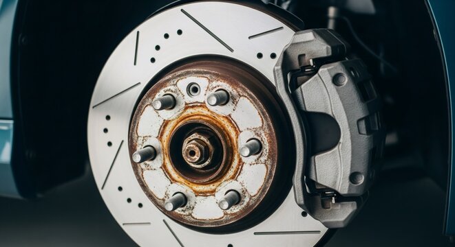 Car's disc brake with caliper showcasing precision engineering detail