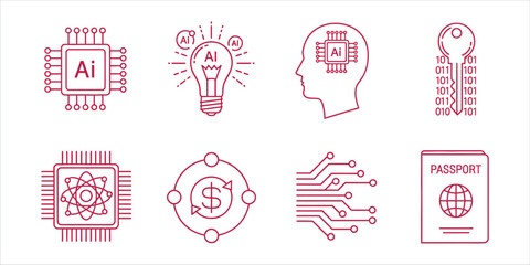 Artificial intelligence and technology icons set contains passport, key, chip, money, atom, and lightbulb icons