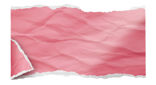 Torn pink paper with wrinkles and a triangular ripped corner, rough edges, realistic texture, paper fibers visible, soft light shadow, top-down view, transparent background