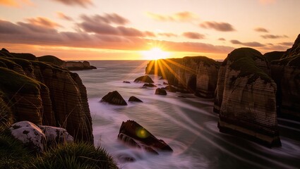 Coastal Sunset Serenity - A Tranquil Seascape with Golden Light.