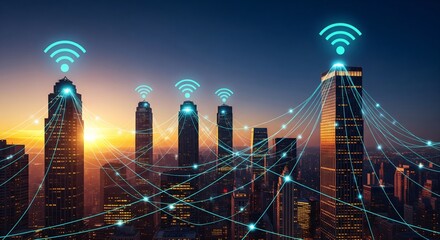 Connected City: Wireless Communication Network in Urban Skyline at Sunset
