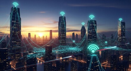 Futuristic city skyline with glowing WiFi symbols at sunset.