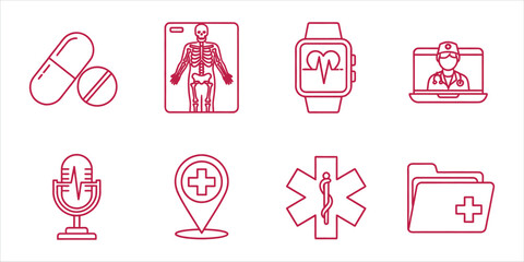 Collection of medical icons, symbolizing healthcare, telemedicine, and various medical services in a minimalist design
