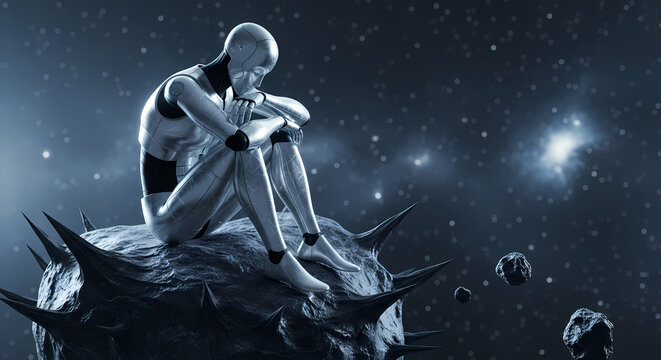 Melancholy robot contemplating existence on a desolate alien planet amidst a cosmic nebula, evoking themes of AI consciousness and existential dread.