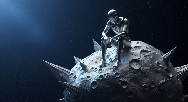 Pensive android contemplates vast universe from spiky celestial body, symbolizing future, isolation, and existential thought.