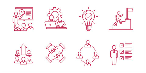 Business and teamwork concept with line icons presentation, cooperation, idea, leadership, handshake, communication