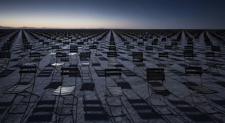 Naklejka premium Vast expanse of empty chairs stretching to the horizon under a twilight sky, evoking solitude and contemplation.