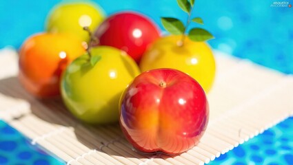 Colorful Plums on a White Surface with Blue Background.