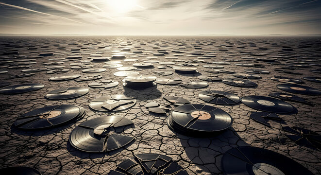 Vast desolate landscape littered with broken vinyl records under a dramatic, sunlit sky symbolizing lost music or cultural decay