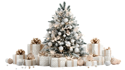 Elegant Christmas tree with sparkling ornaments and large holiday gift boxes placed around isolated on white background