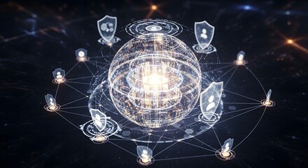 Glowing sphere surrounded by shield icons connected by lines on a dark background network concept