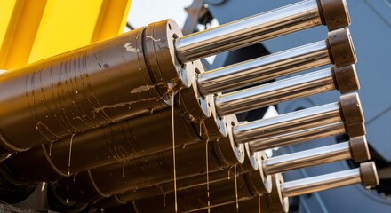 Hydraulic cylinders of heavy machinery with oil leaks, outdoor, day.