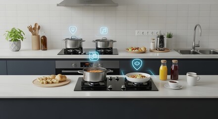 Modern kitchen with pots on stove and various food items on the counter with digital icons overlayed